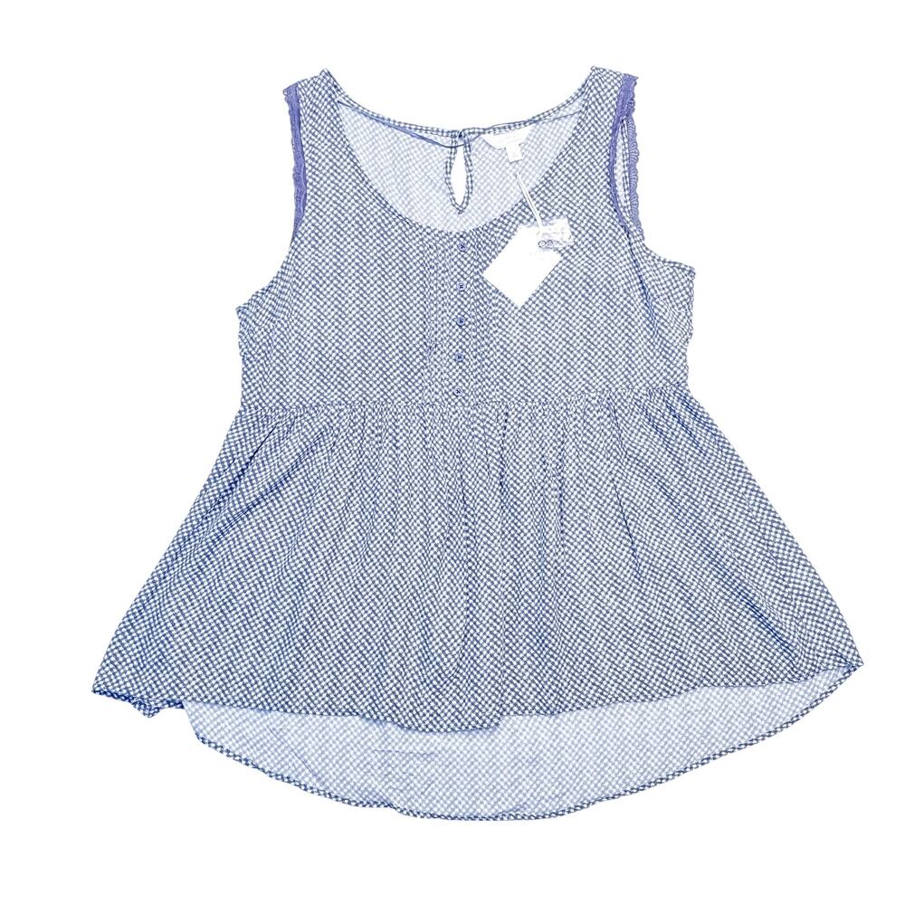 Lauren Conrad Lace Trim Blue Gingham Sleeveless Babydoll Picnic Blouse Top Large